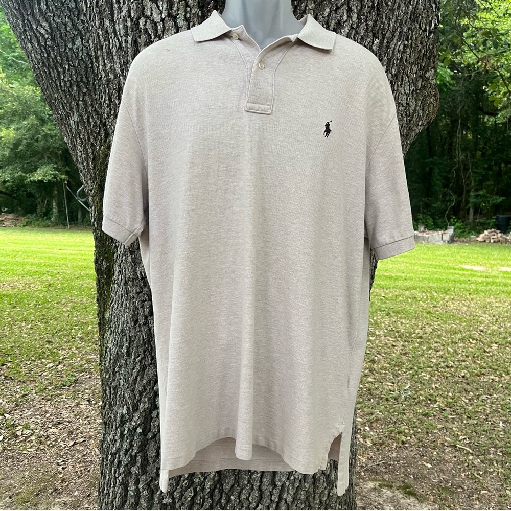 POLO RALPH LAUREN HEATHERED OATMEAL SHORT SLEEVE COLLARED POLO SHIRT BROWN HORSE